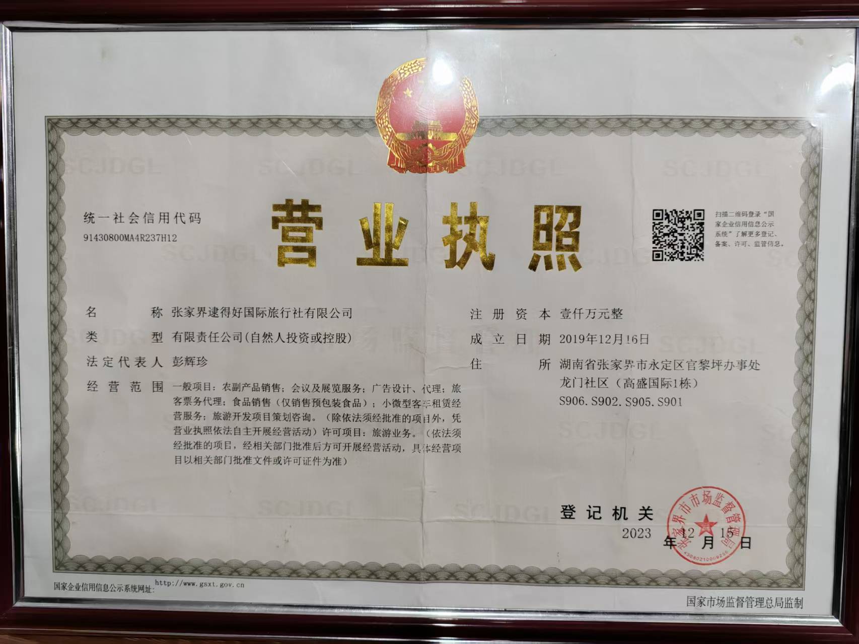 張家界逮得好國際旅行社有限公司營業執照